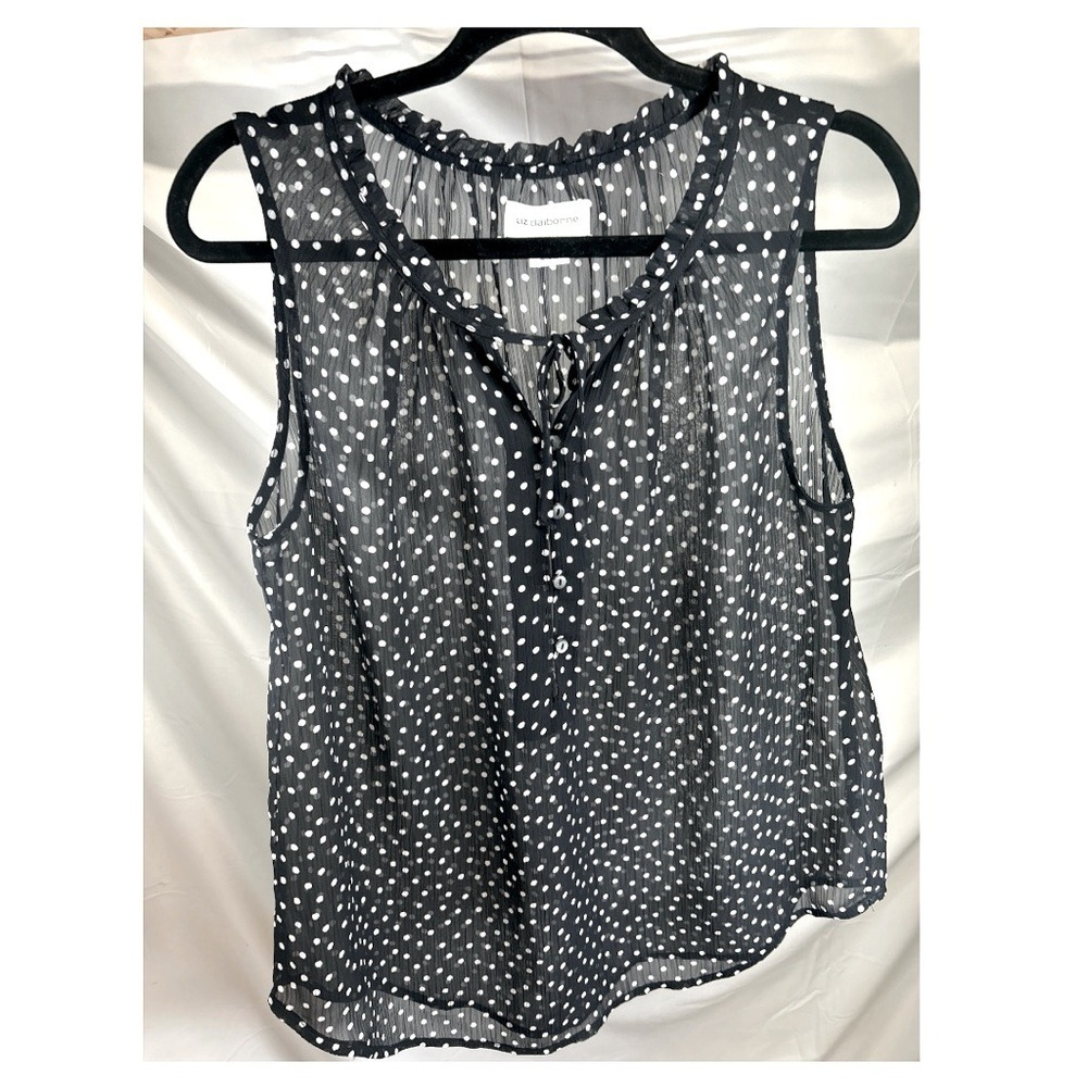 Liz Claiborne Sheer Black White Polka-Dot Buttondown w/Ruffles Vneck Blouse M‎